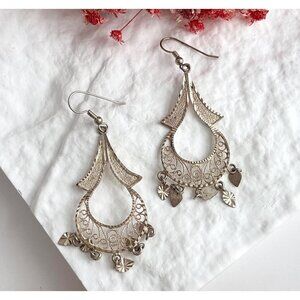 Chandelier Filigree Style Ear Wire Vintage Silver Toned Earrings
